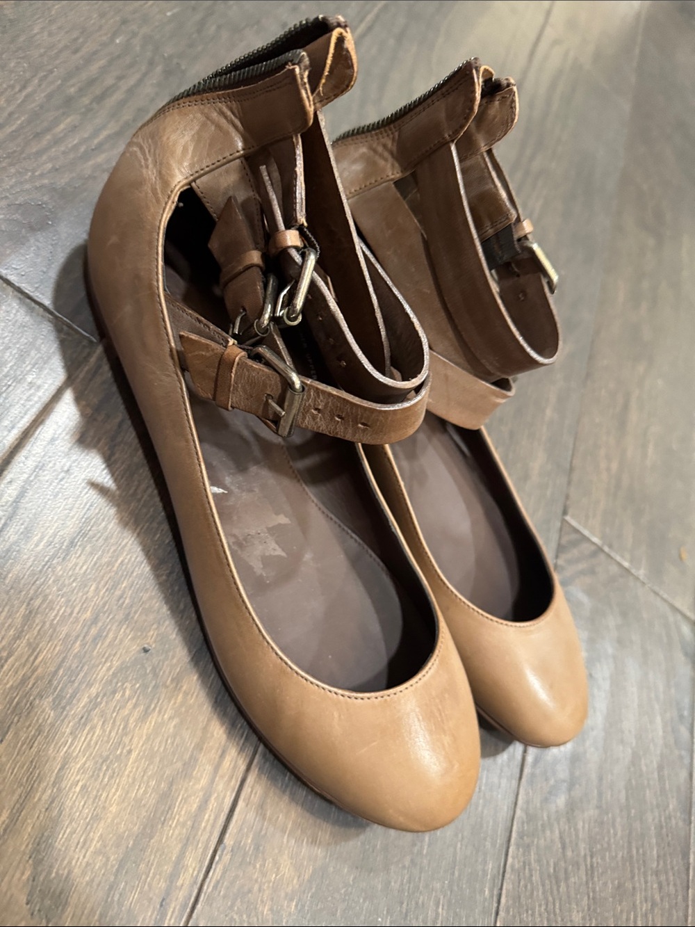 J. Crew Tan Leather Ankle-Strap Ballet Flats